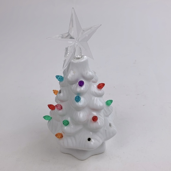 Ceramic Christmas Tree Small White Multicolored lights Star on top 7.5” tall - Picture 4 of 8